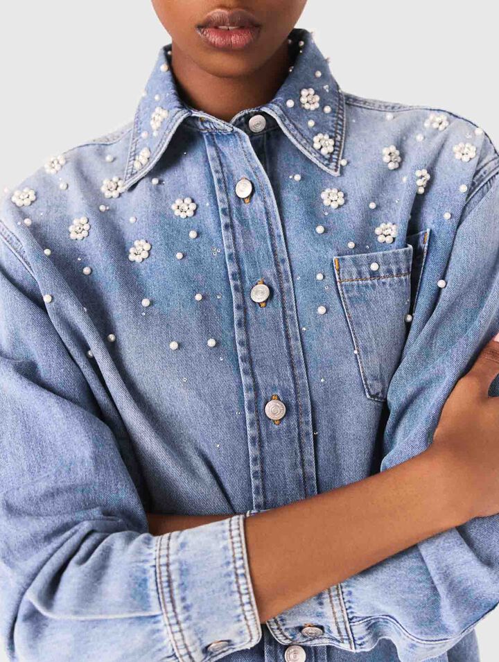Chemise en denim à perles brodées