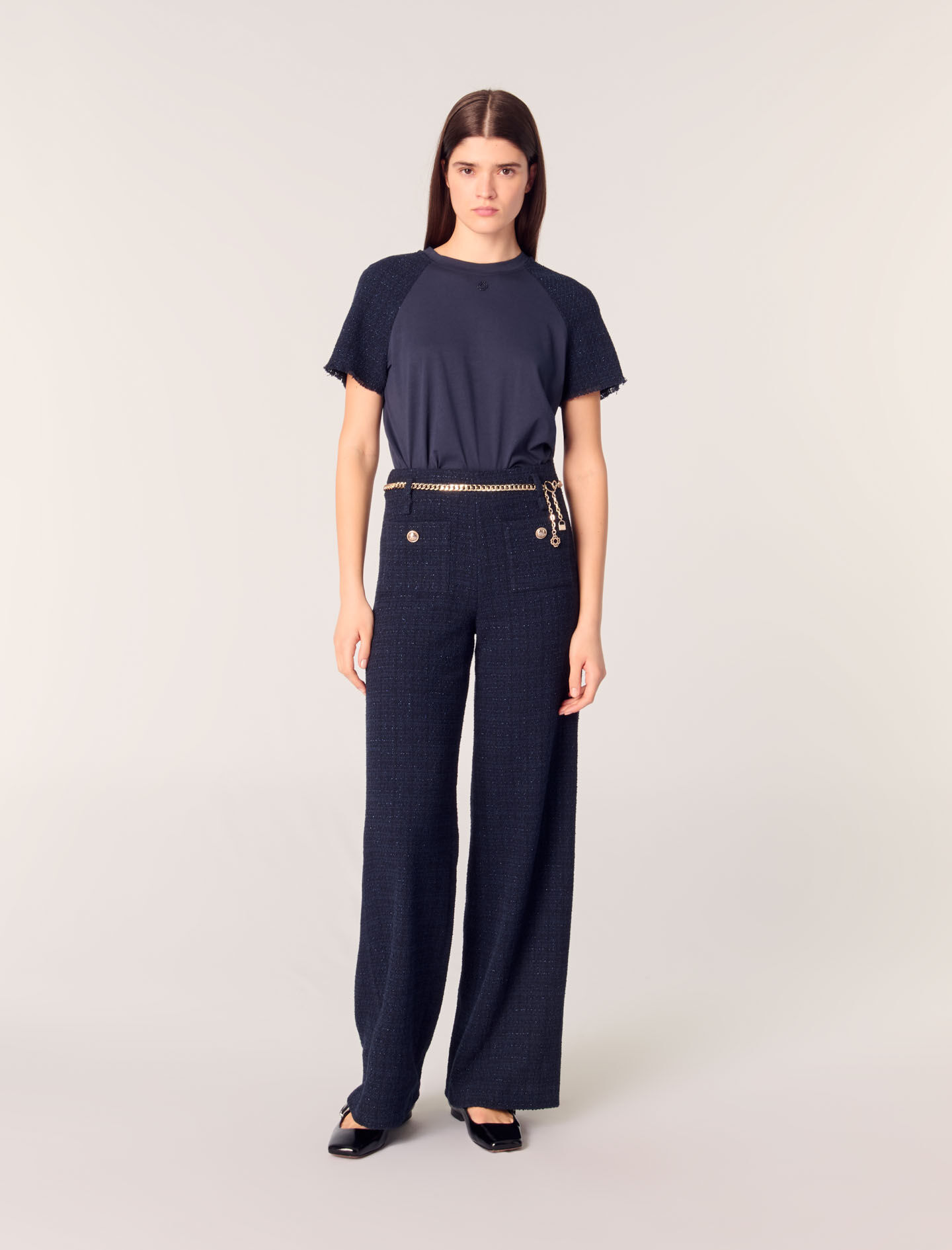 maje Pantalon en tweed à ceinture chaîne Marine