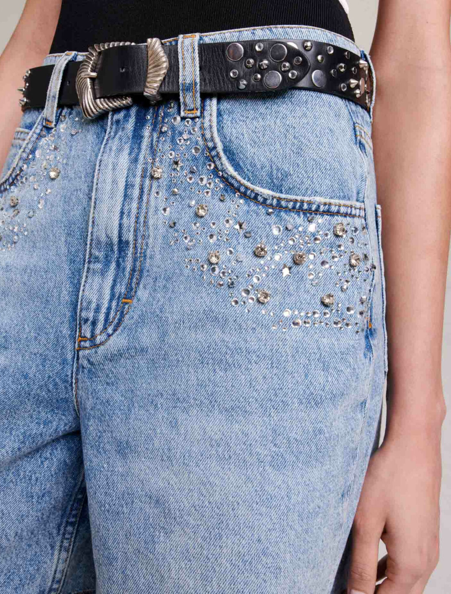 Short évasé en denim à strass