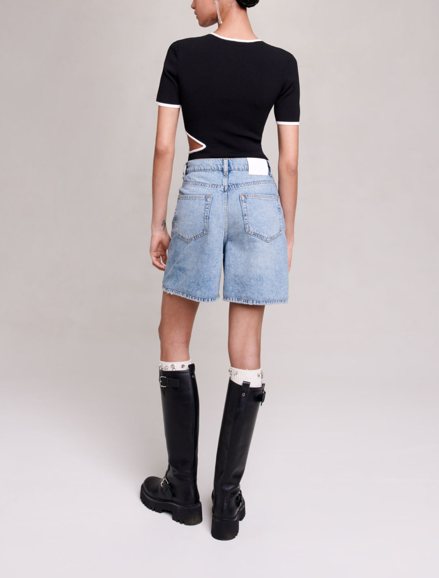 Short évasé en denim à strass