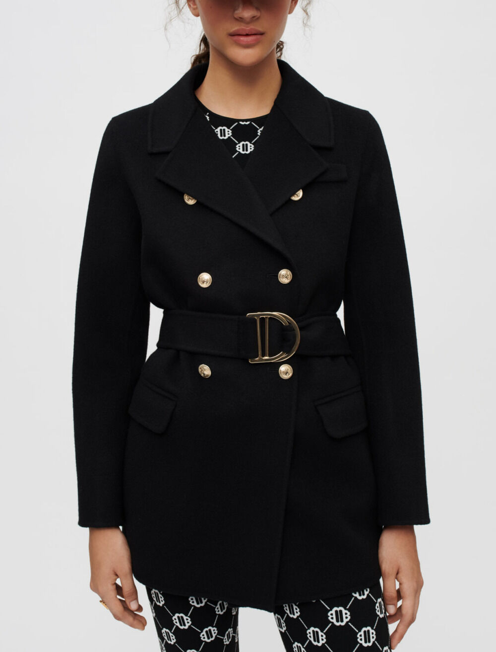 Manteau en double face noir a ceinture