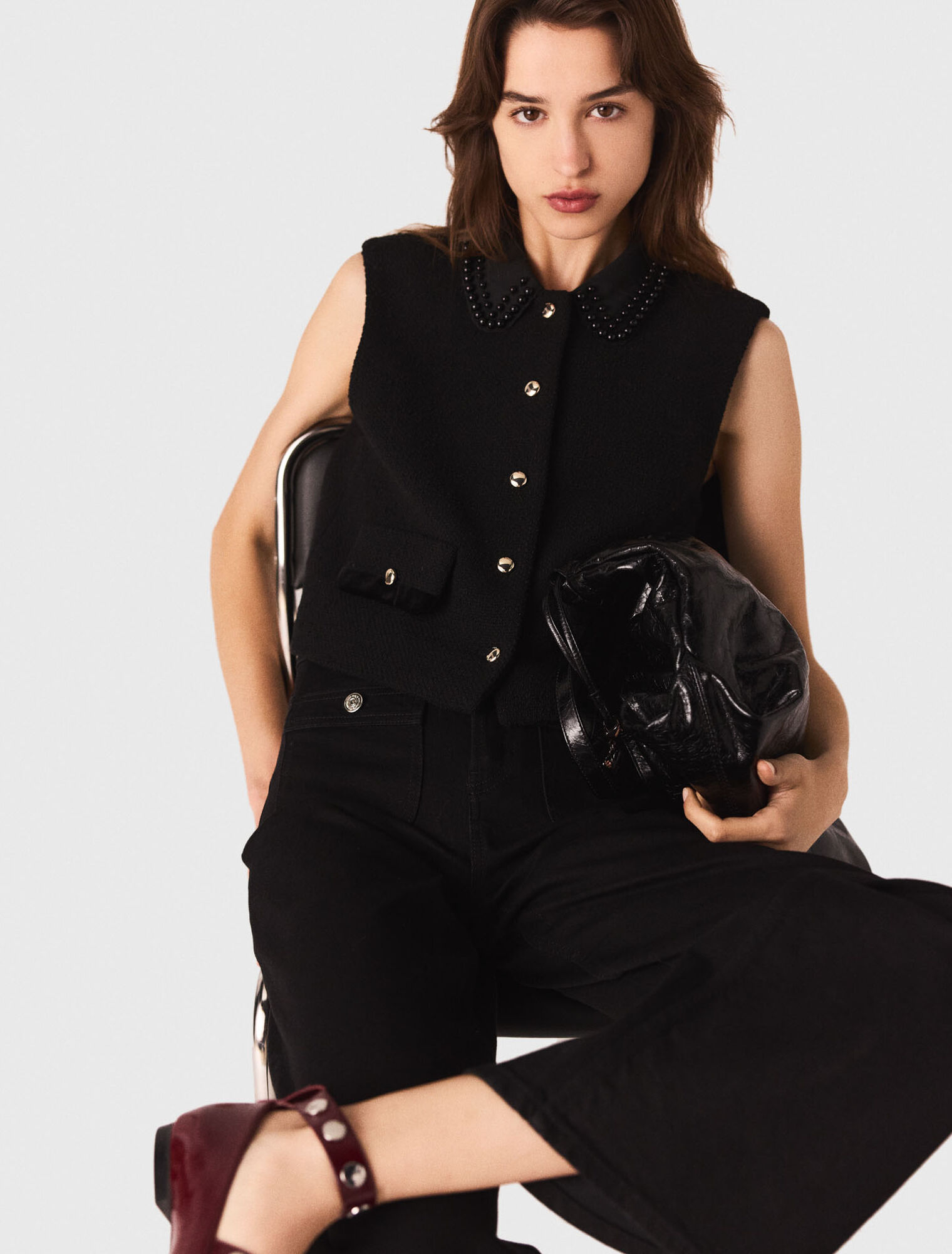 Top en tweed avec galons en velours