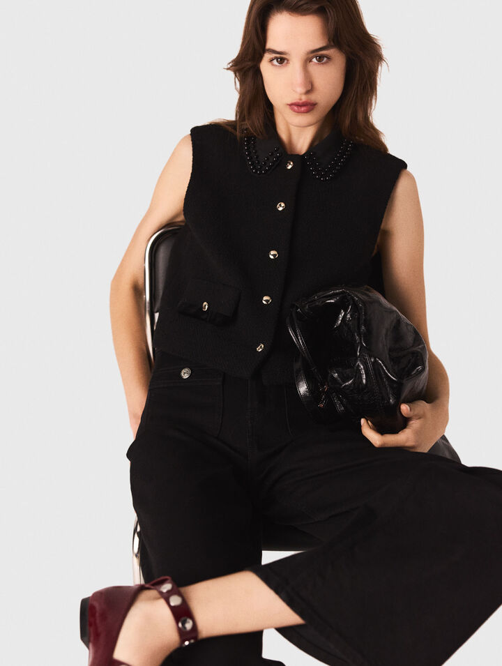 Top en tweed avec galons en velours