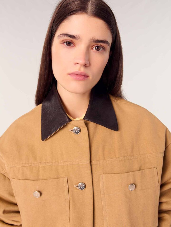 Manteau en coton et col en cuir
