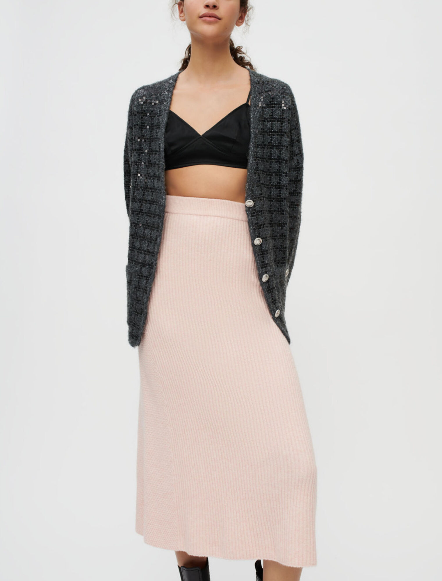 Jupe midi en maille stretch à côtes