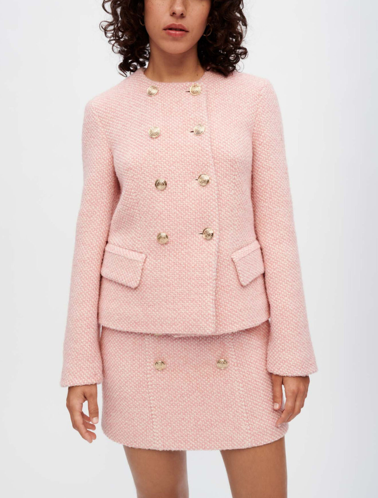 Veste en tweed chiné rose et écru