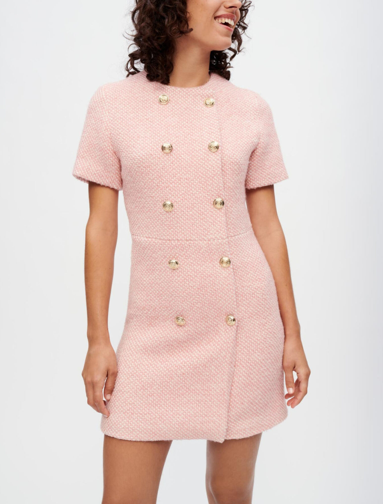 Robe en tweed chiné rose et écru