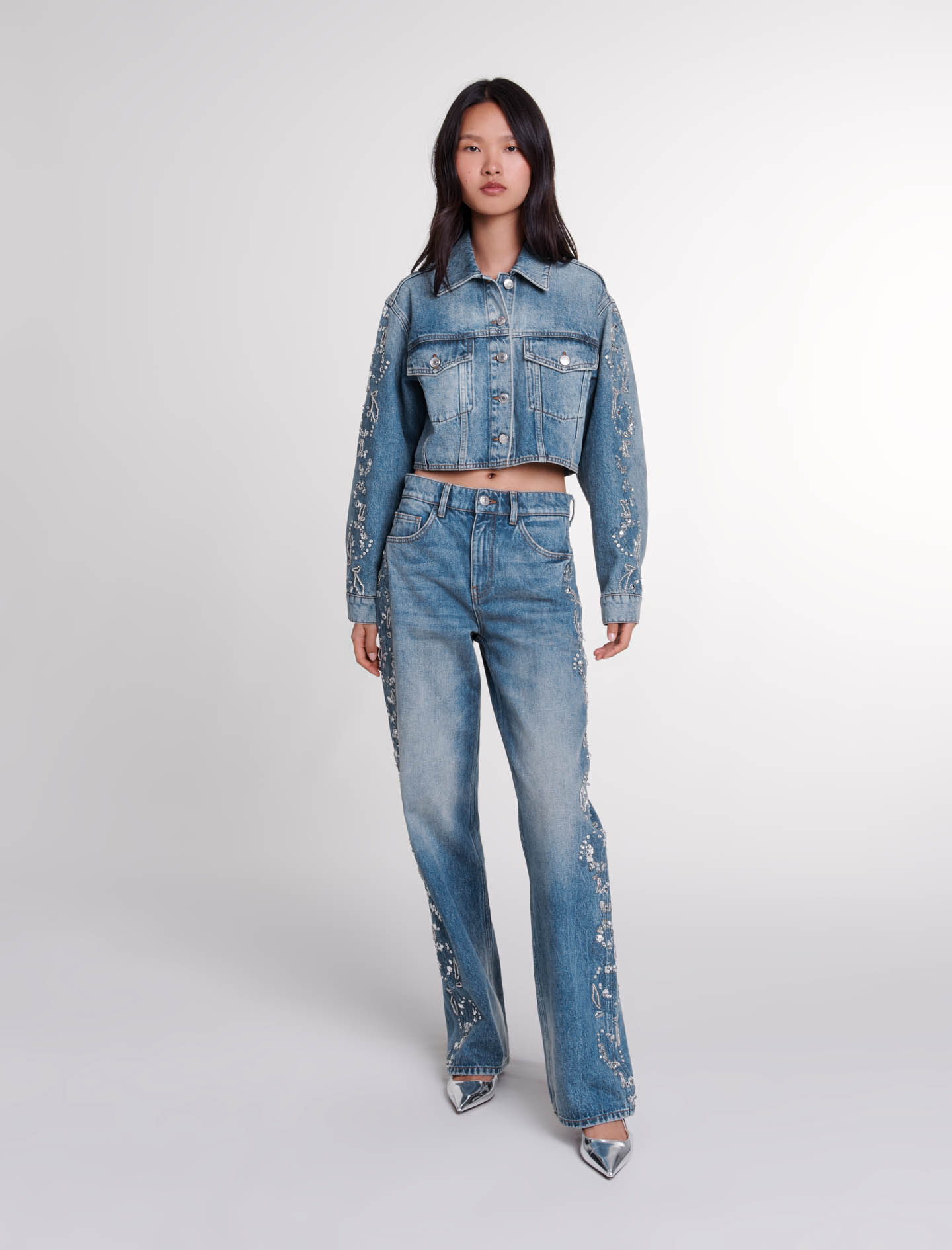 Blouson en denim brode