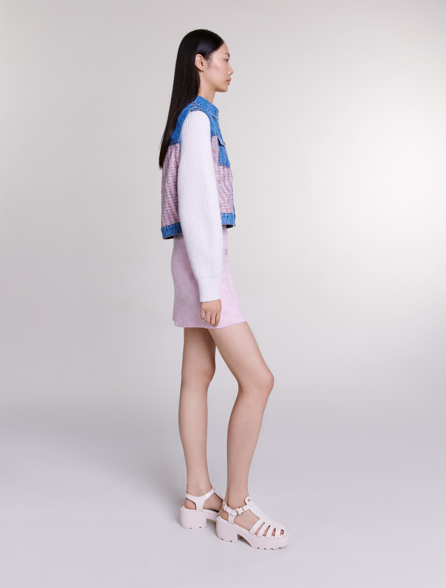Blouson court en denim et tweed
