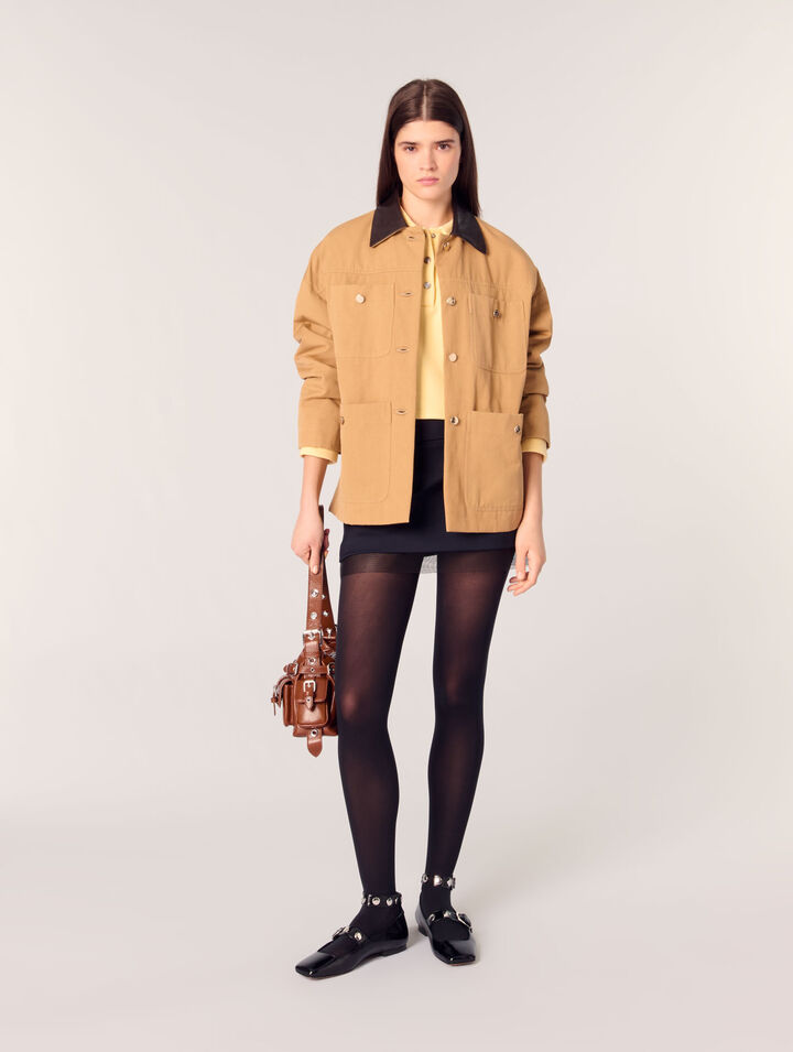 Manteau en coton et col en cuir