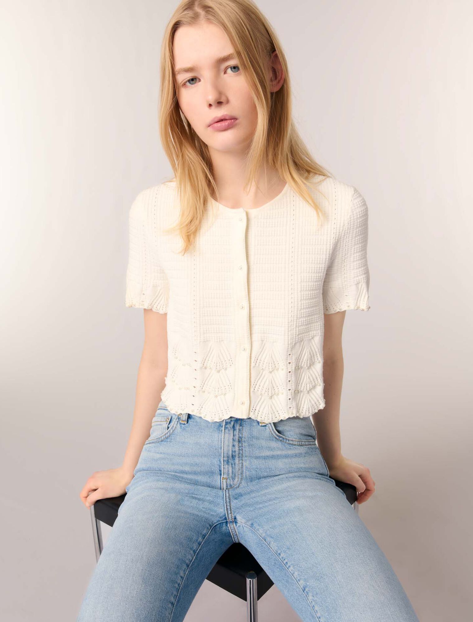 Cardigan en maille pointelle perlée