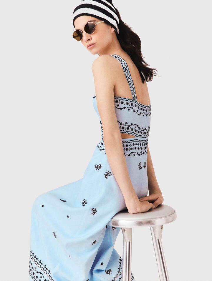 Robe longue brod&eacute;e en lin m&eacute;lang&eacute;