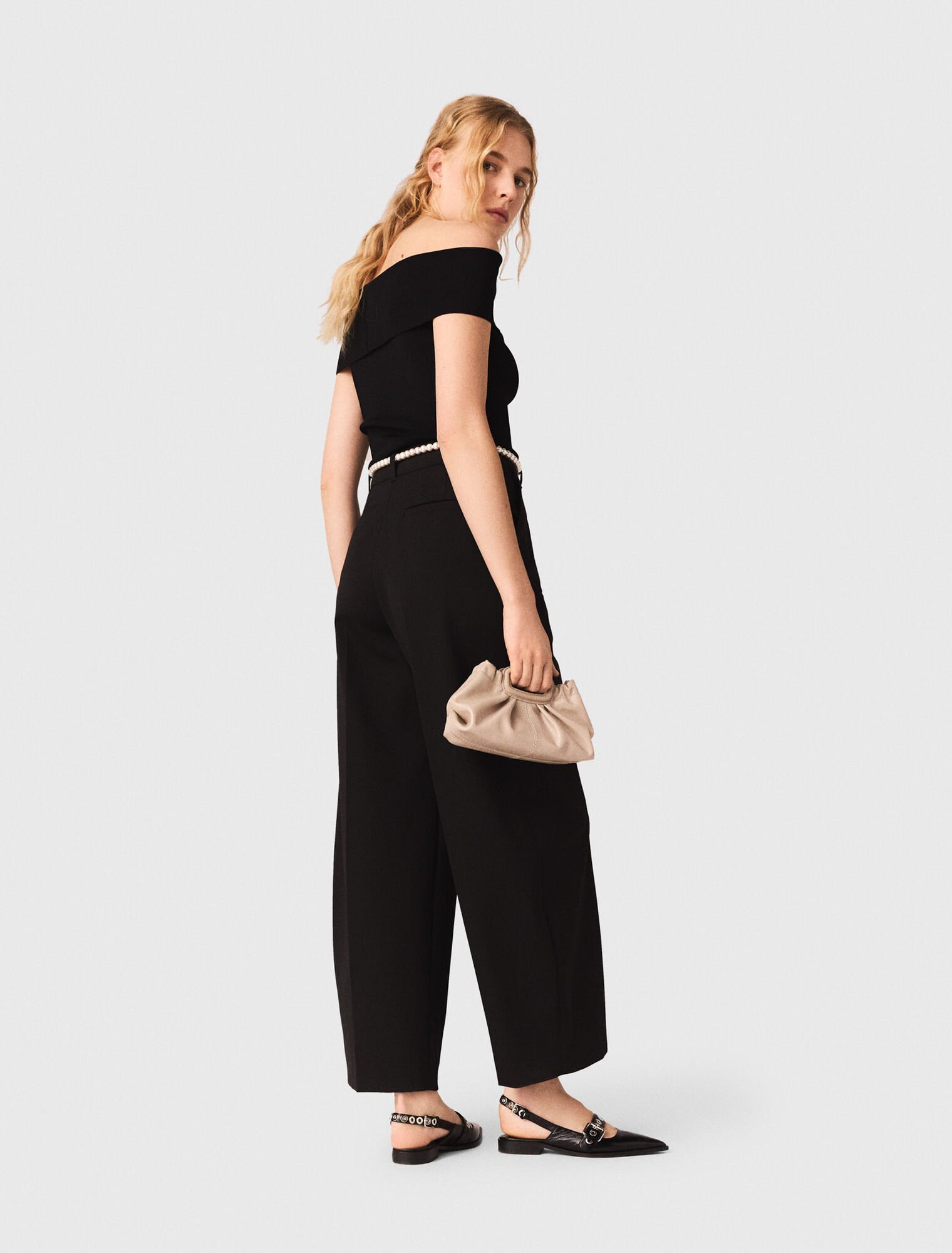 Top col bardot en maille c&ocirc;tel&eacute;e