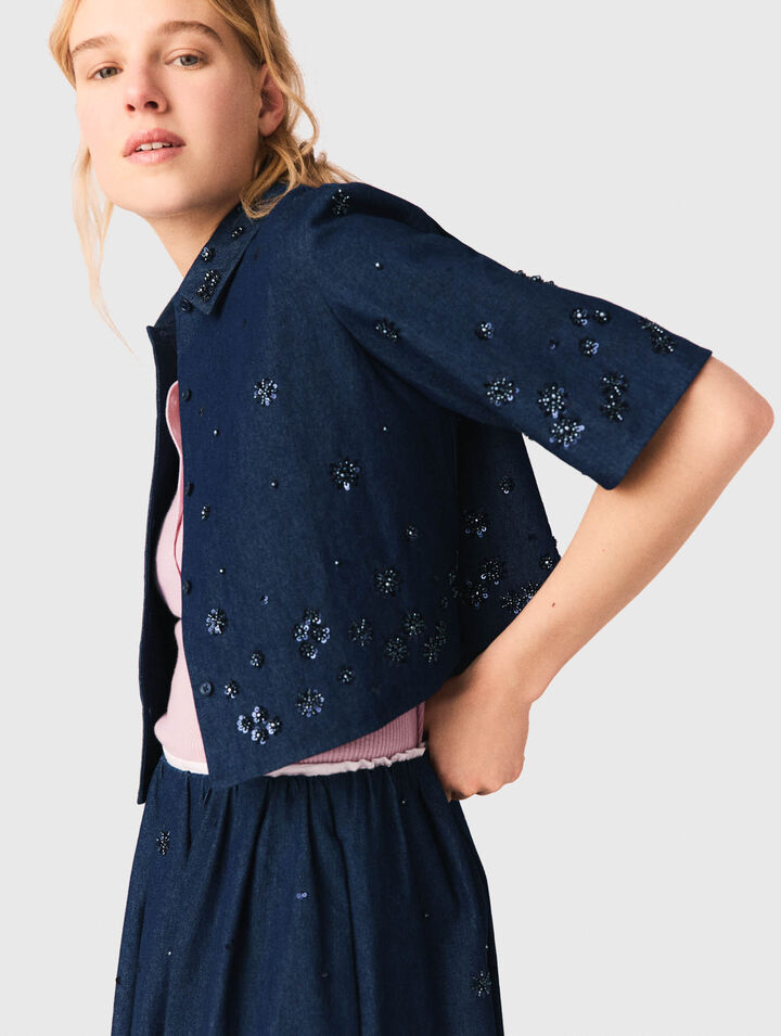 Chemise courte en denim brod&eacute;