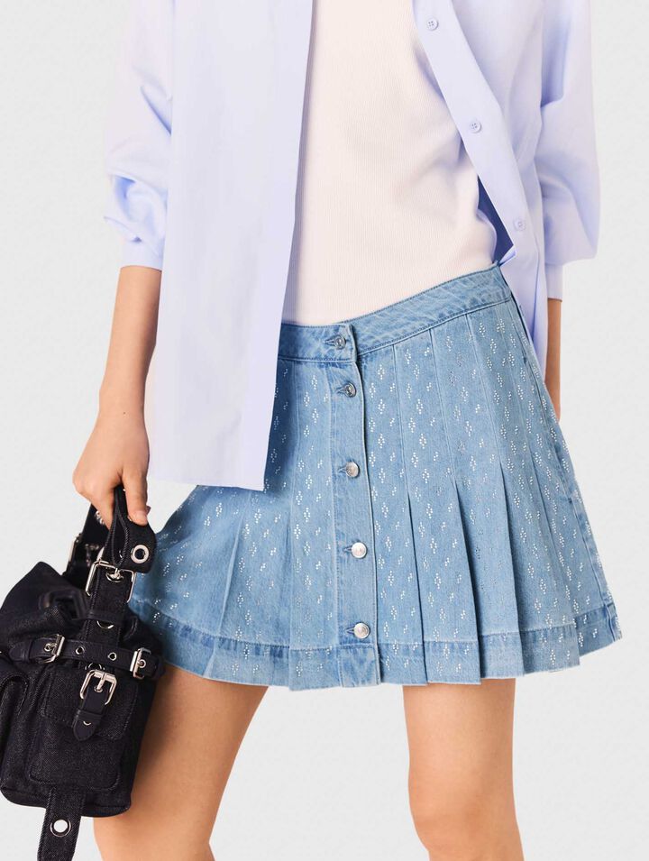 Jupe plissée en denim strassée