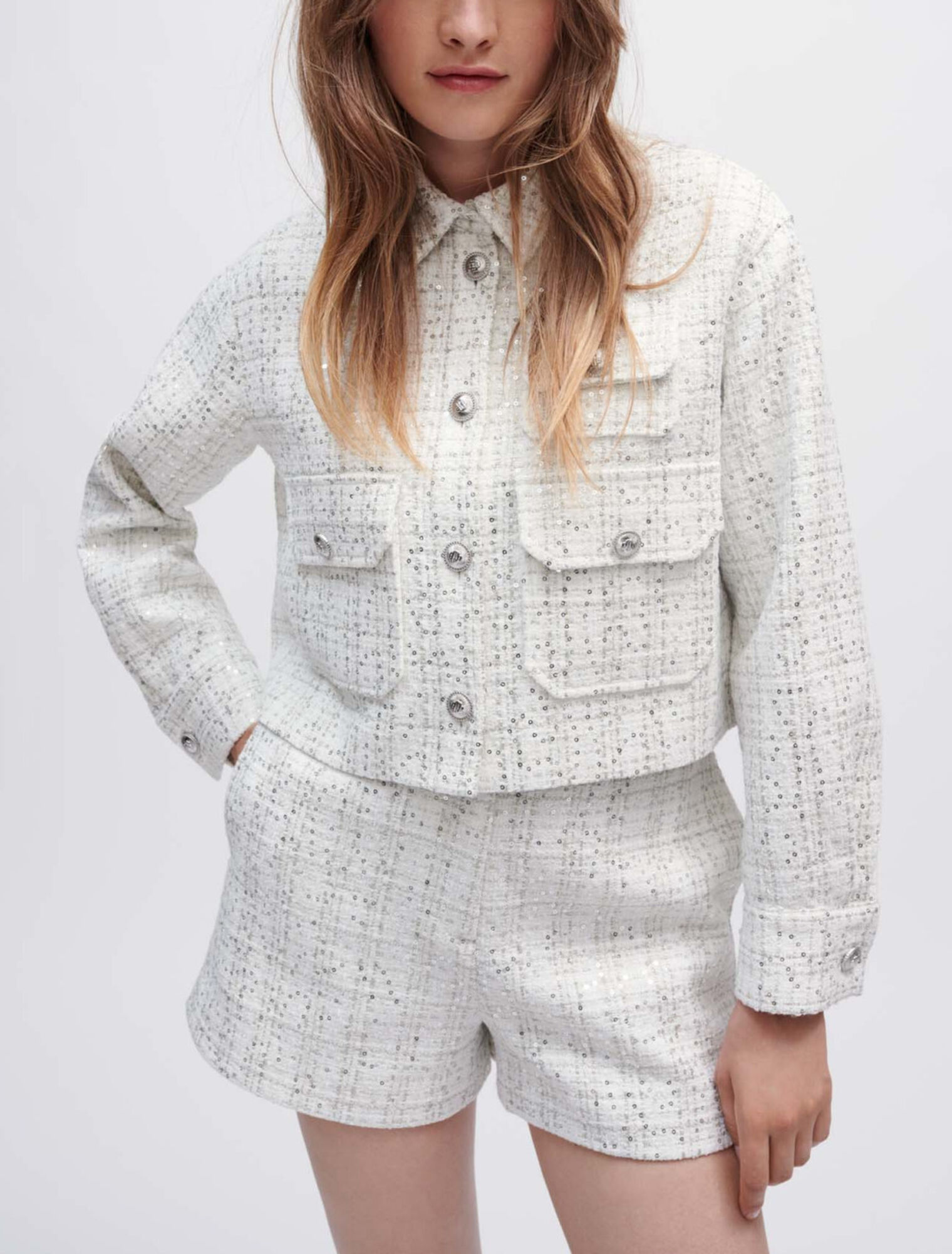 Chemise en tweed écru à sequins