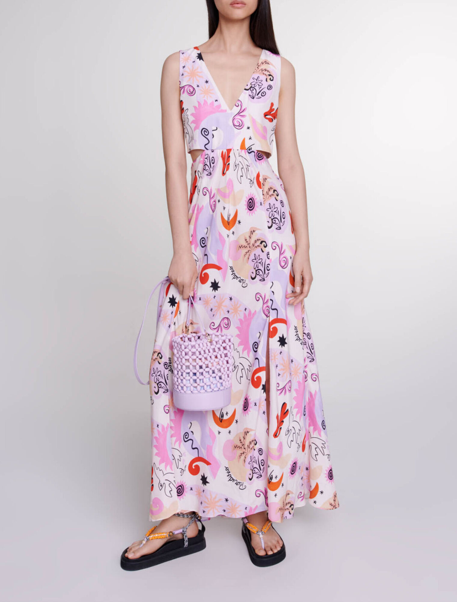 Robe longue ajourée en soie