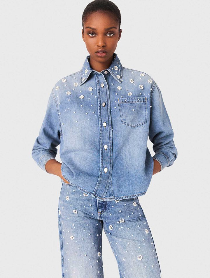 Chemise en denim à perles brodées