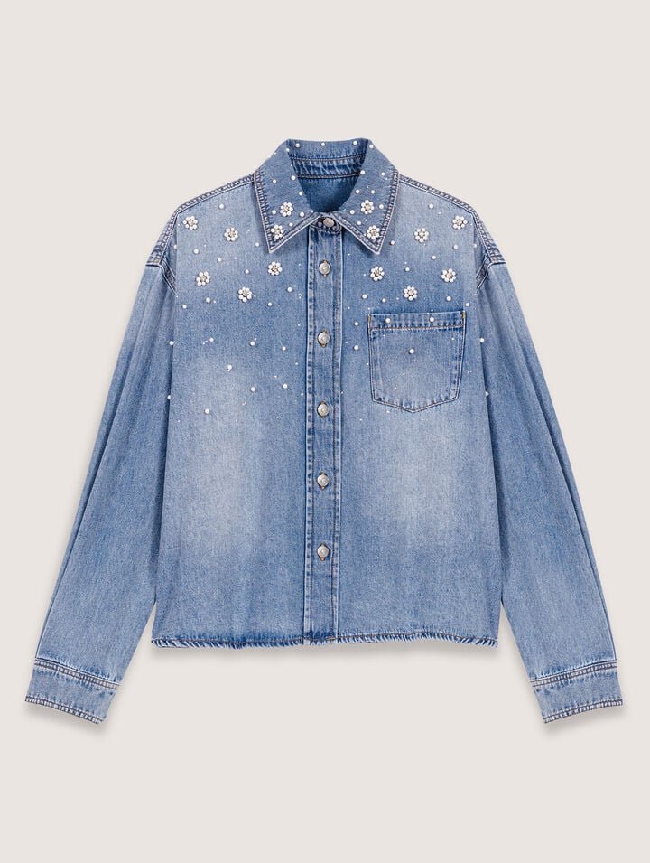 Maje Denim Shirt With Embroidered Beads In Bleu