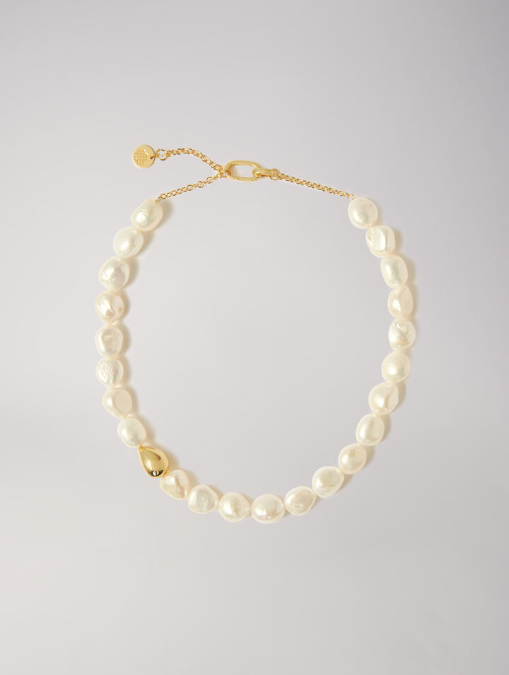 Collier En Perles Avec Détails En Métal - Doré - Maje