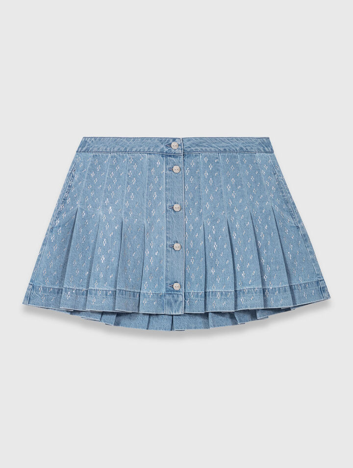 Jupe plissée en denim strassée