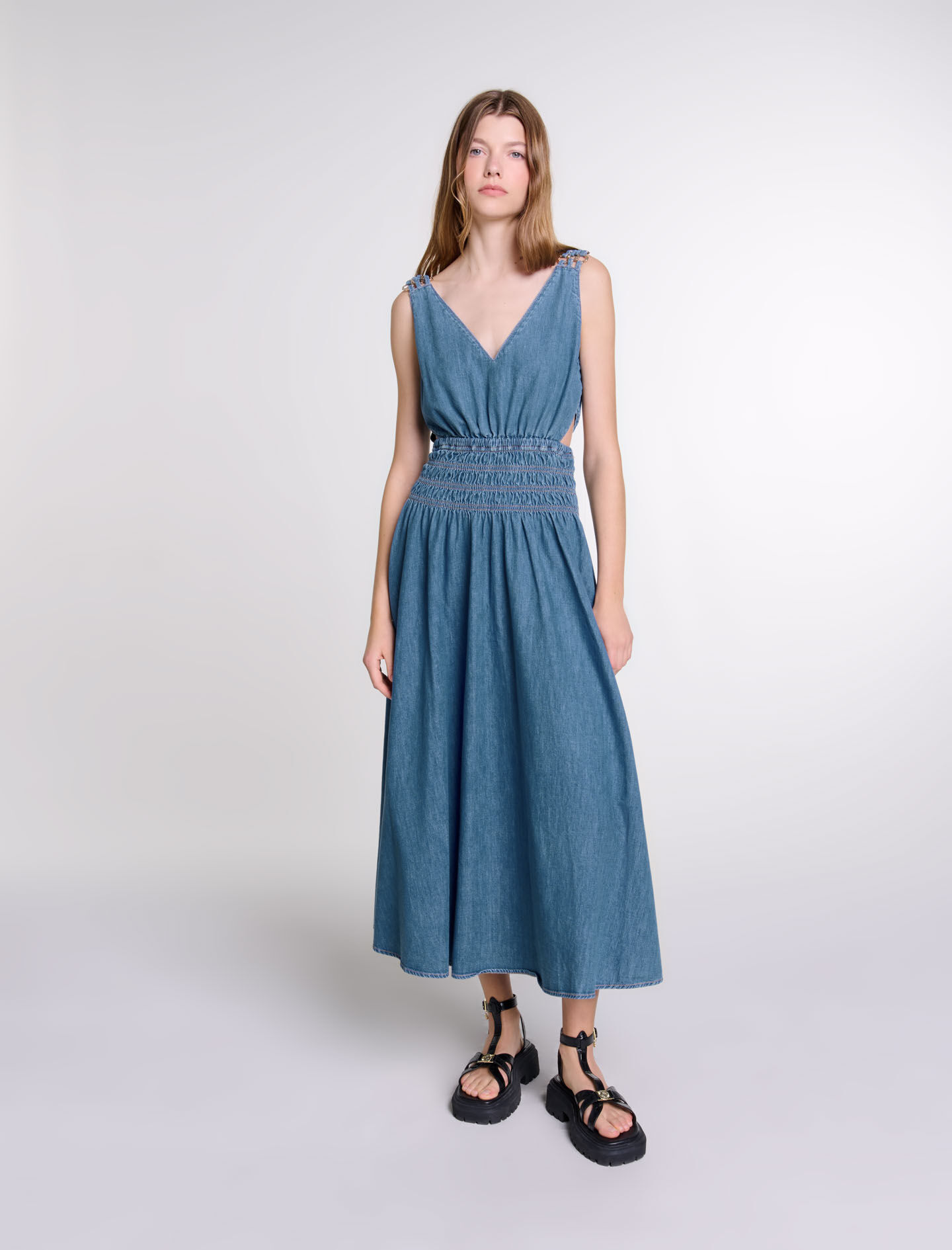 Robe longue ajouree en denim Robes longues Maje