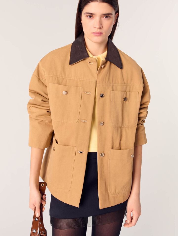 Manteau en coton et col en cuir