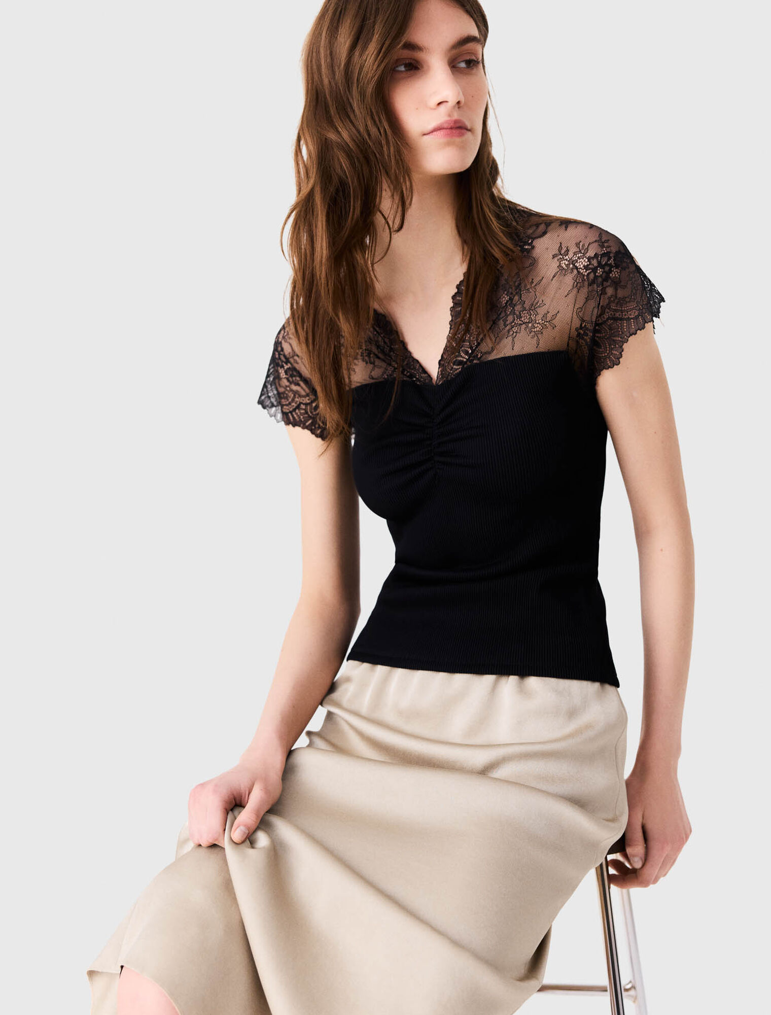 Top en jersey incrust&eacute; de dentelle
