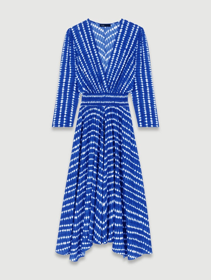 Robe Longue Asymétrique - Imprimé Tie Dye Goutte Bleu - Maje