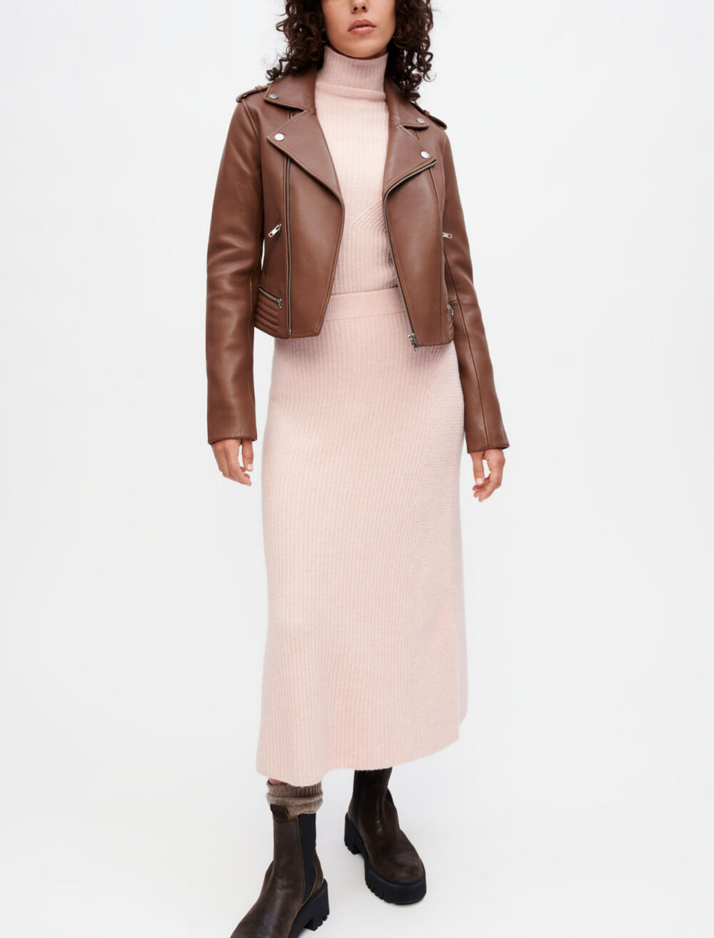 Blouson facon Biker en cuir camel
