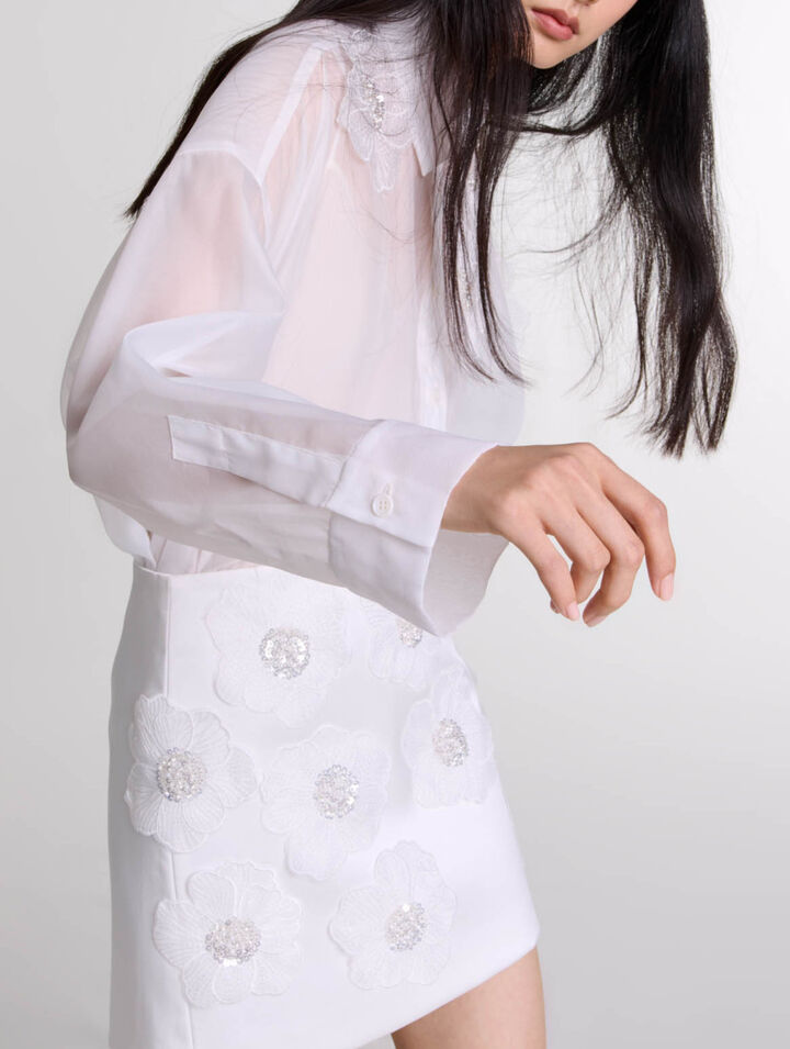 Jupe &agrave; fleurs perl&eacute;es en satin