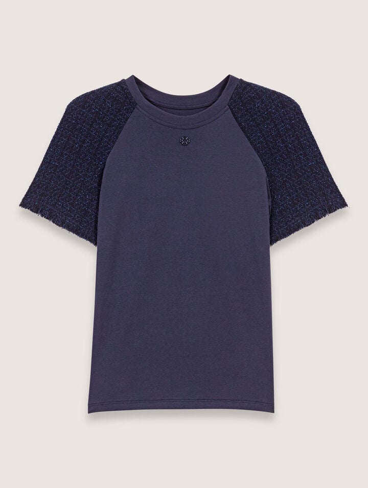 Maje Womens Branded Tweed-sleeved Cotton-jersey T-shirt Bleus In Marine
