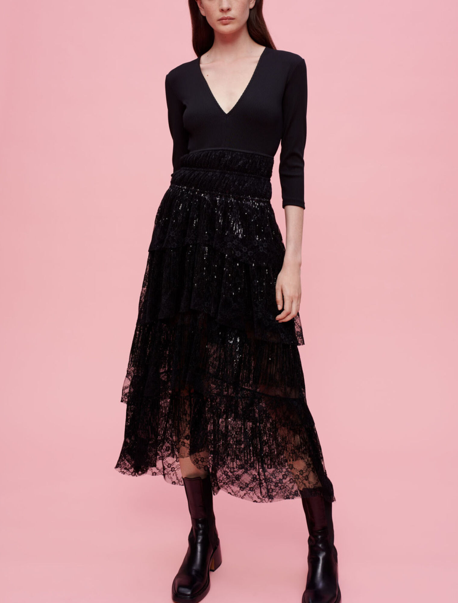 Robe en mix jersey et dentelle sequins