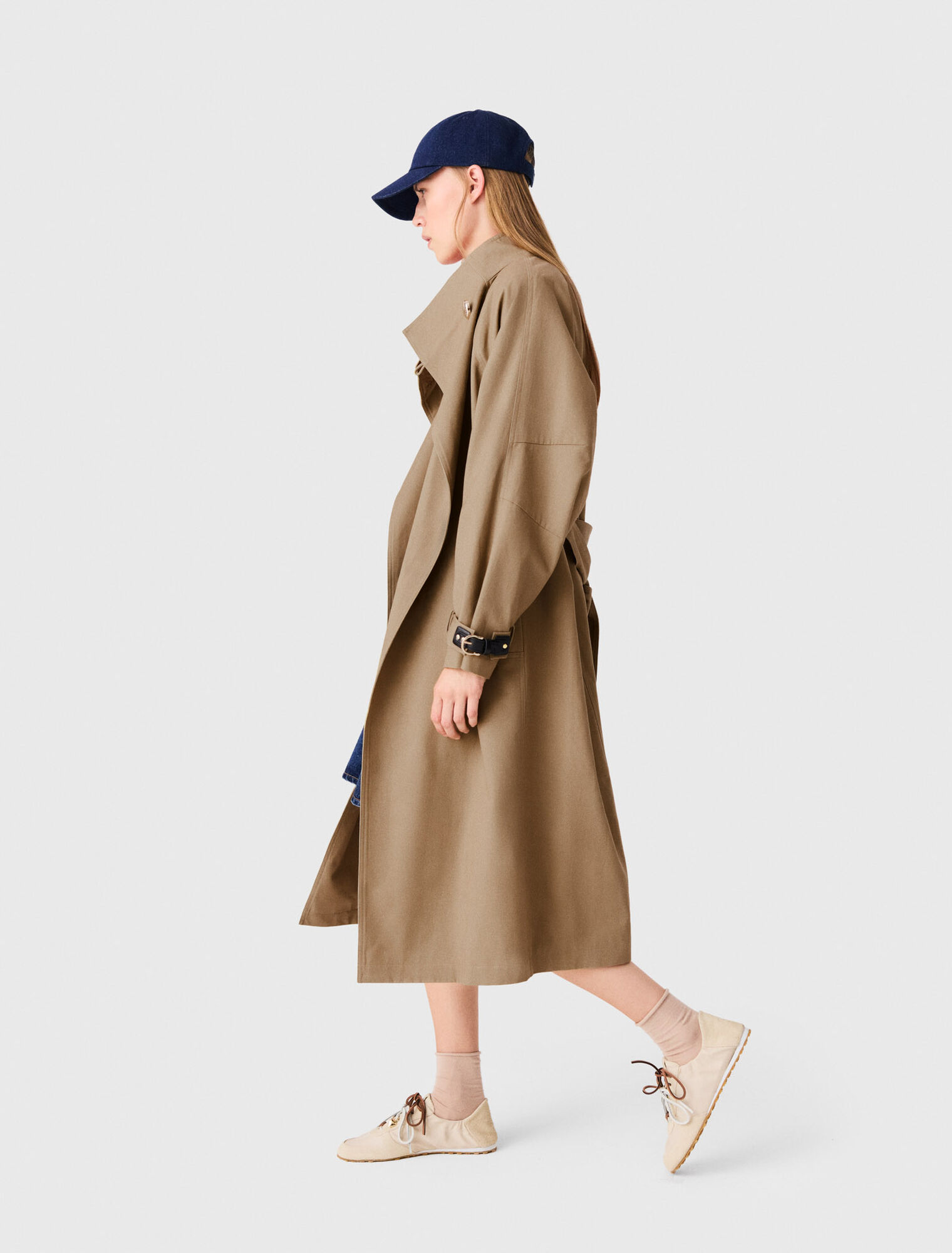 Trench long ceintur&eacute; boutons dor&eacute;s