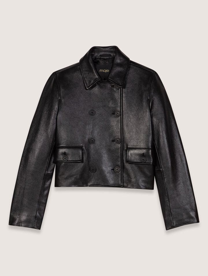 Shop Maje Cropped Leather Jacket In Noir