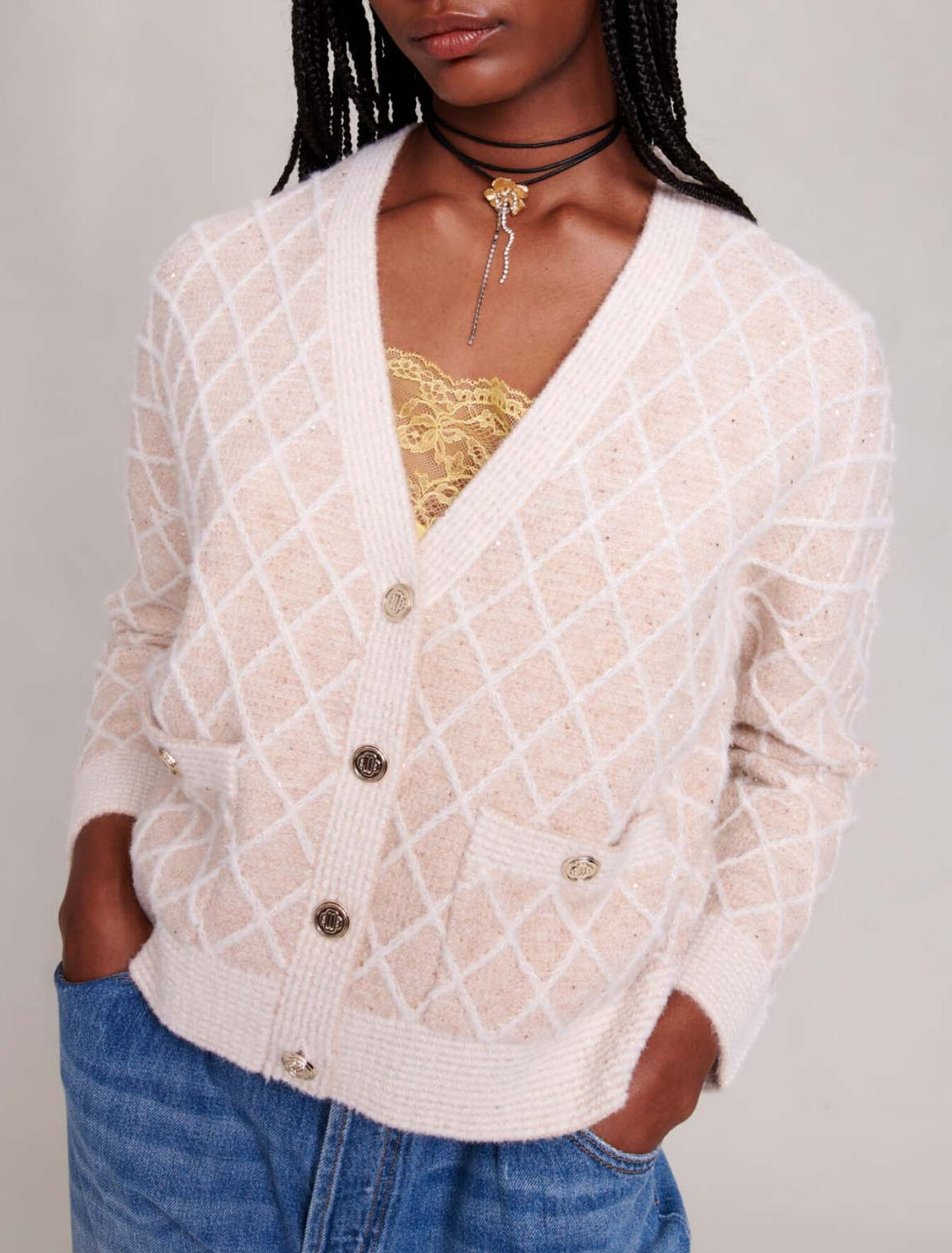 Cardigan en maille &agrave; carreaux