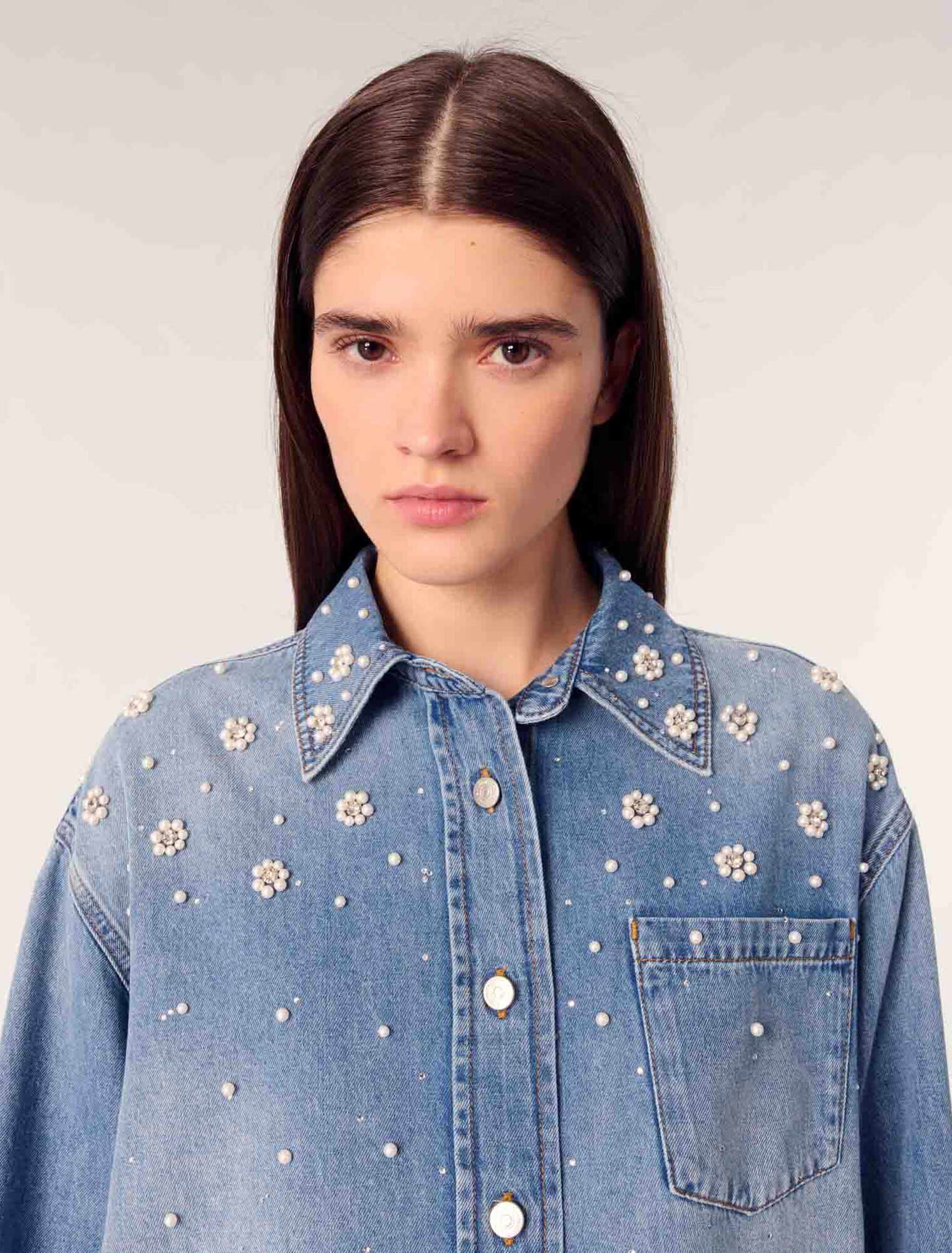 Chemise en denim à perles brodées