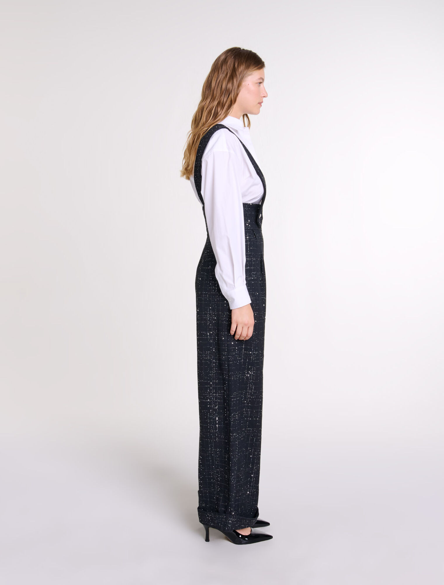 Pantalon large à bretelles en tweed