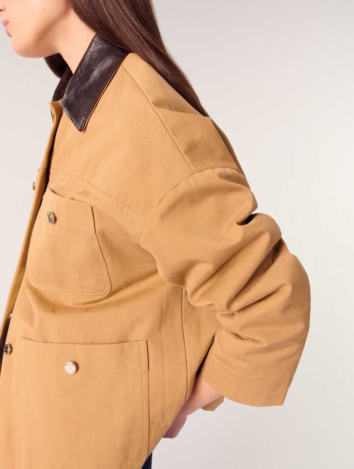 Manteau en coton et col en cuir