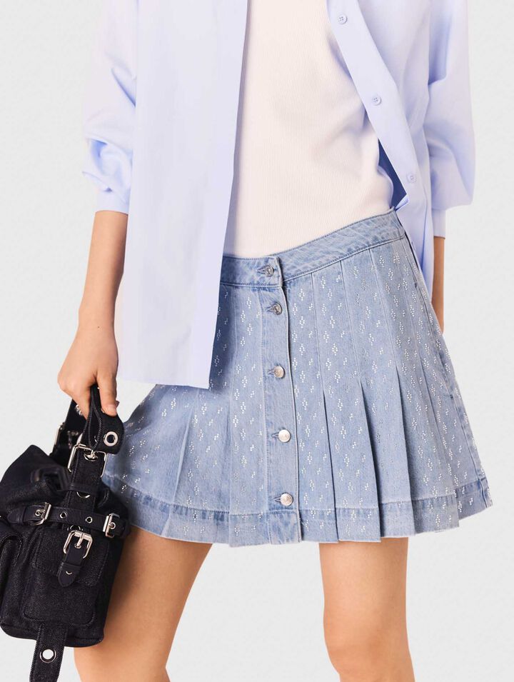 Jupe plissée en denim strassée