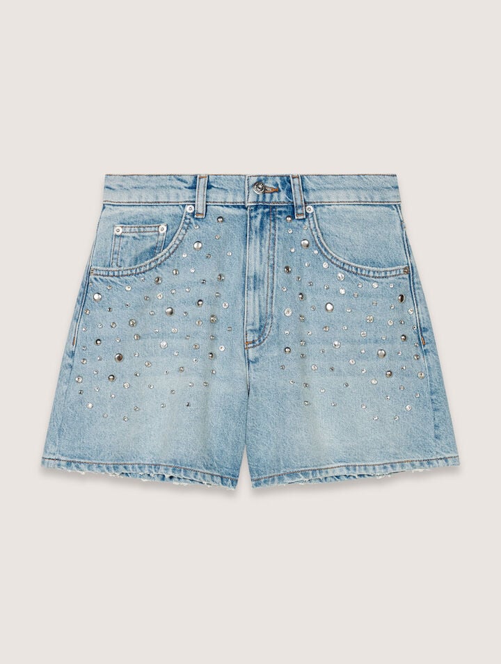 Maje Studded Denim Shorts In Bleu