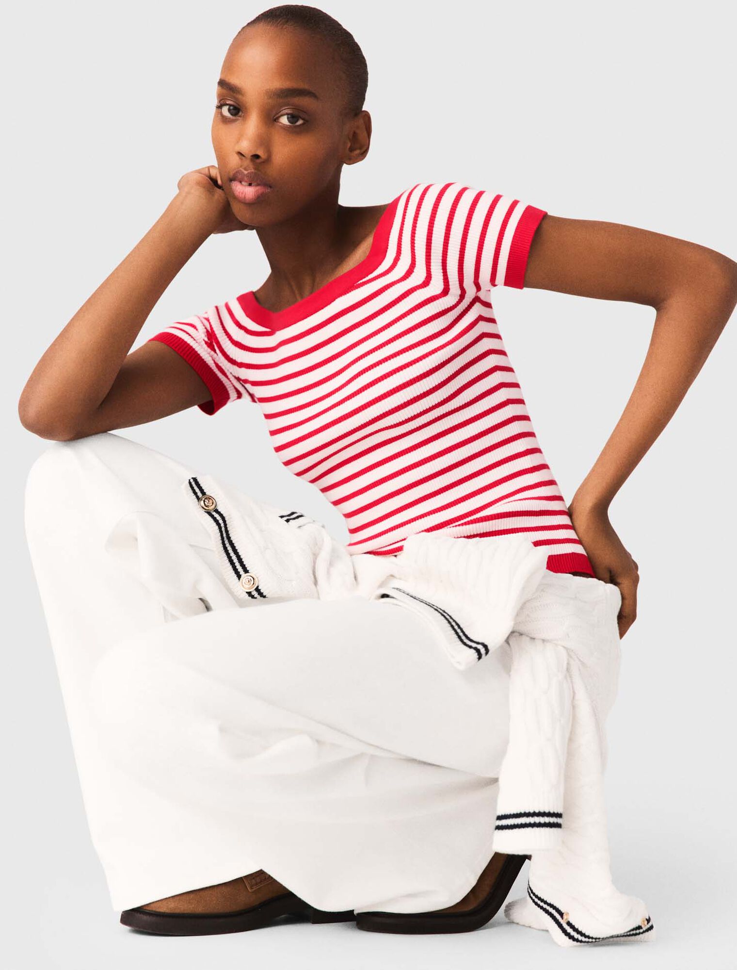 Top en maille ray&eacute; &agrave; col bateau