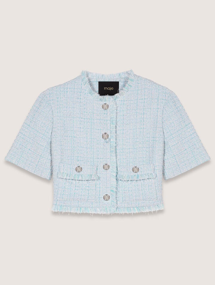 Shop Maje Short Tweed Jacket In Bleu Ciel