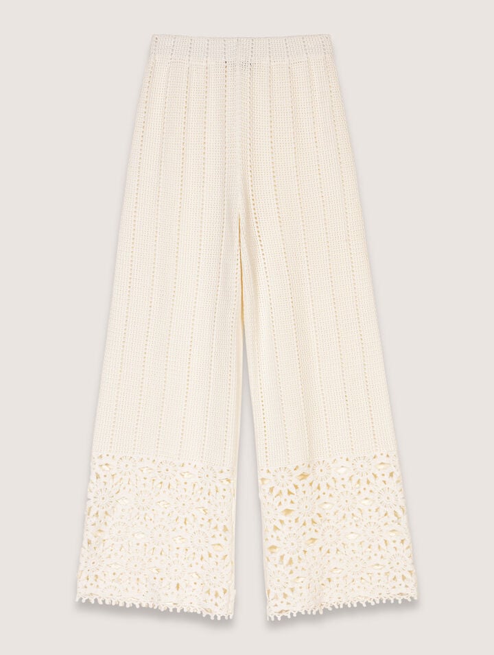 Maje Womens Blanc Wide-leg Floral-pattern Crochet-knit Trousers In Blanc