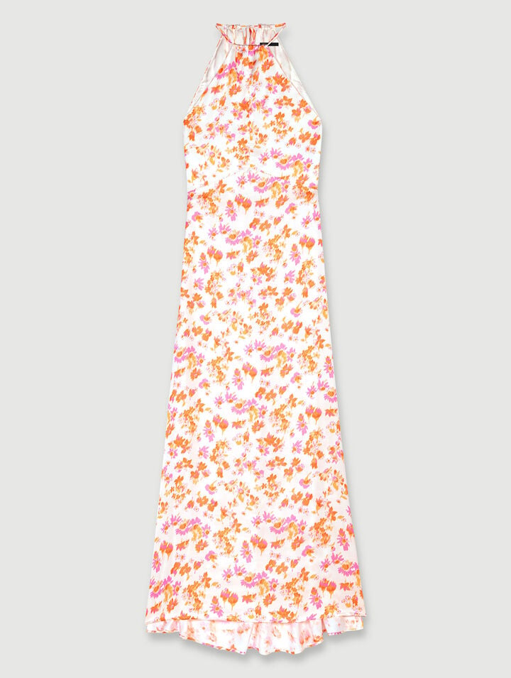 Robe Longue Fleurie Et Satinée - Orange - Maje
