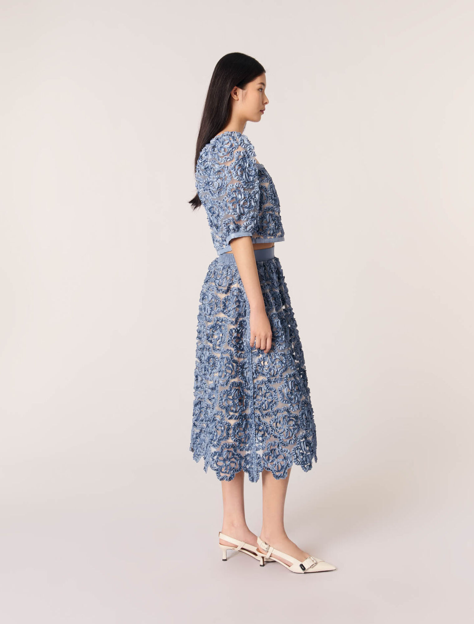 Jupe longue en organza motif floral