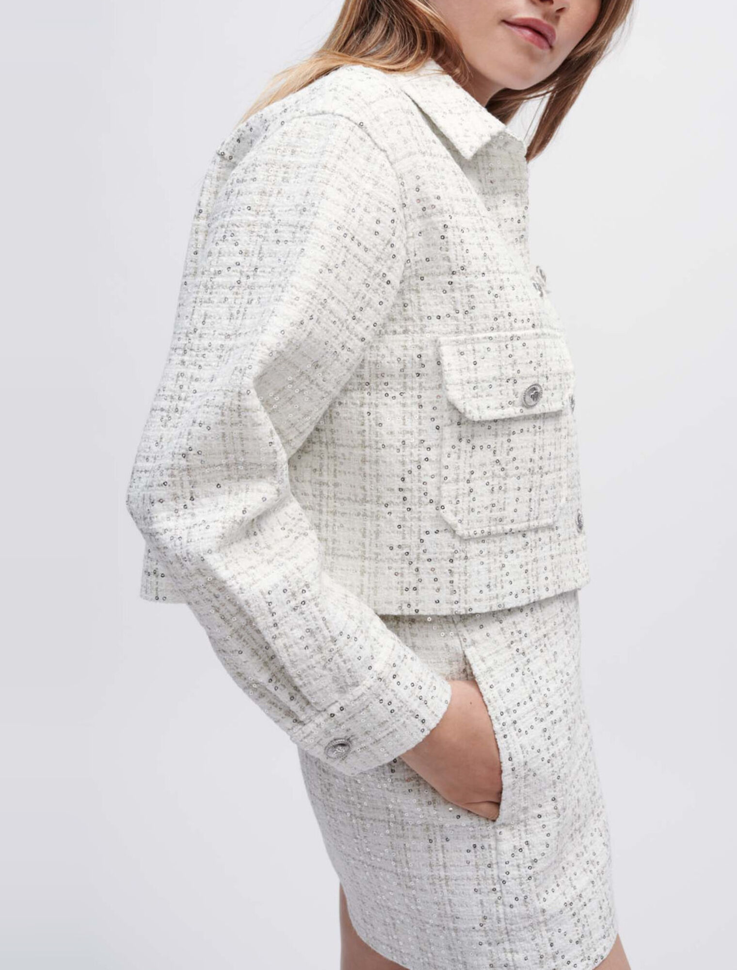 Chemise en tweed écru à sequins