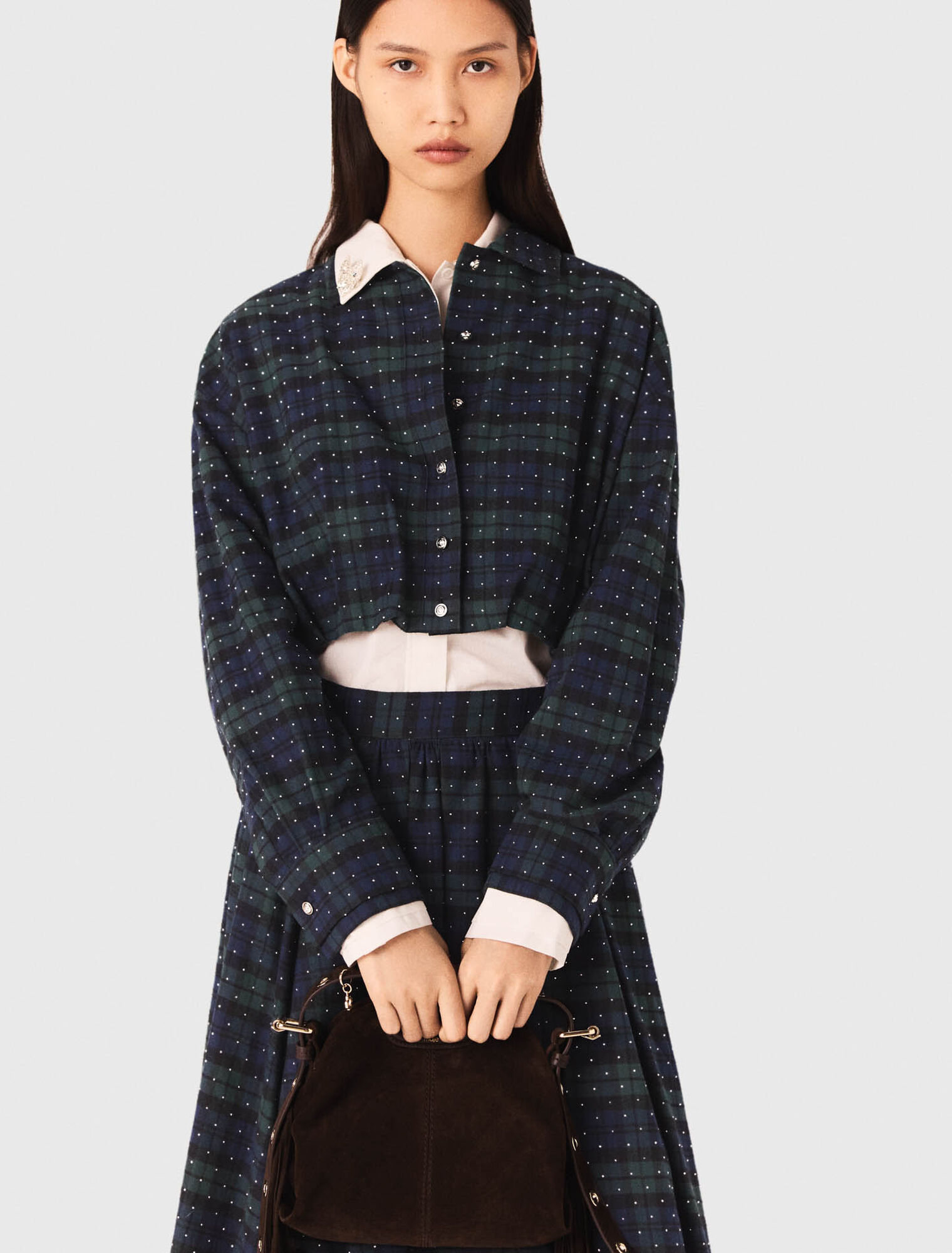 Chemise courte à carreaux strassée