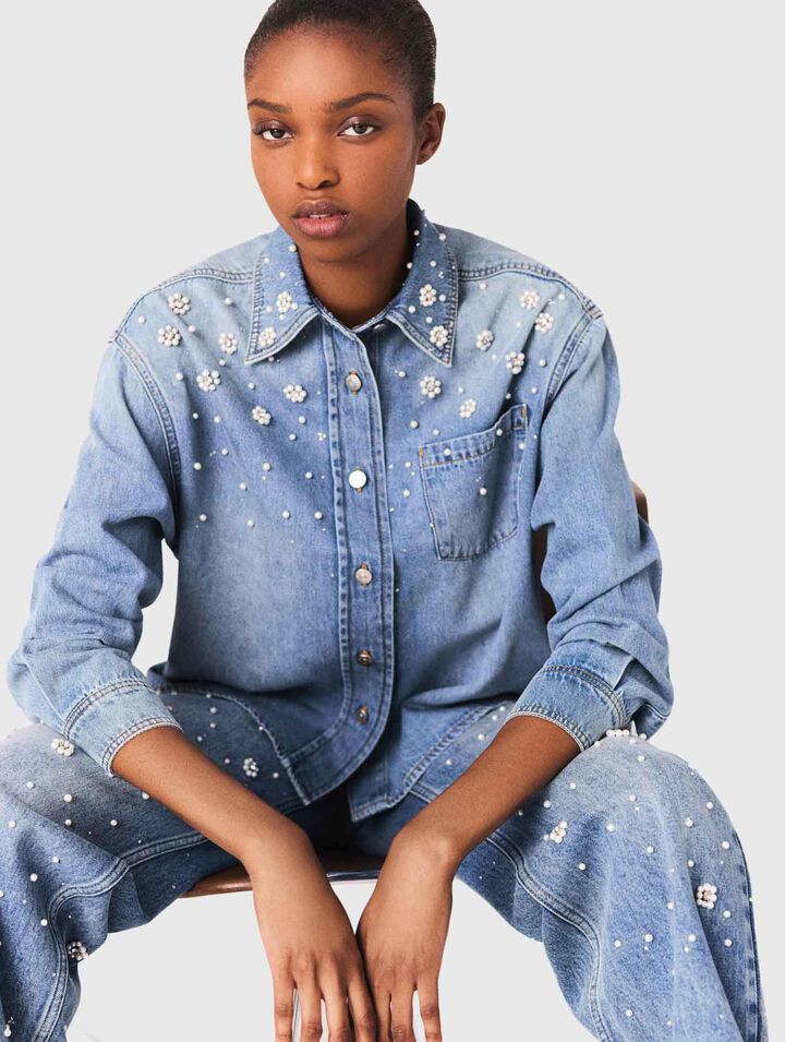 Chemise en denim à perles brodées