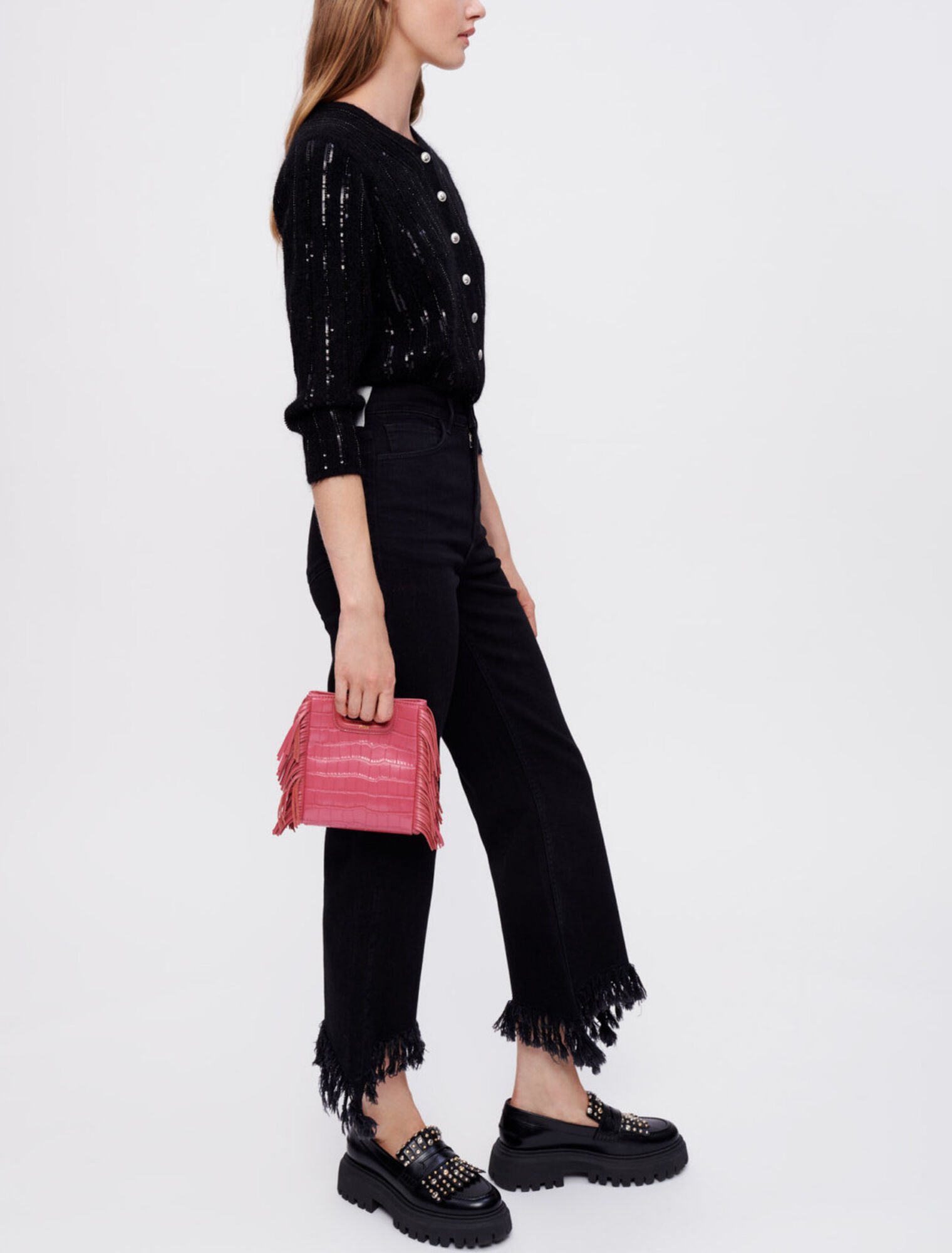Jean noir taille haute déchiré en bas